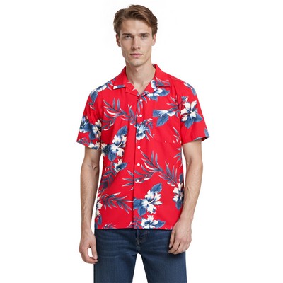 Unisex Printed Poplin Camp Shirt w/Hibiscus Print